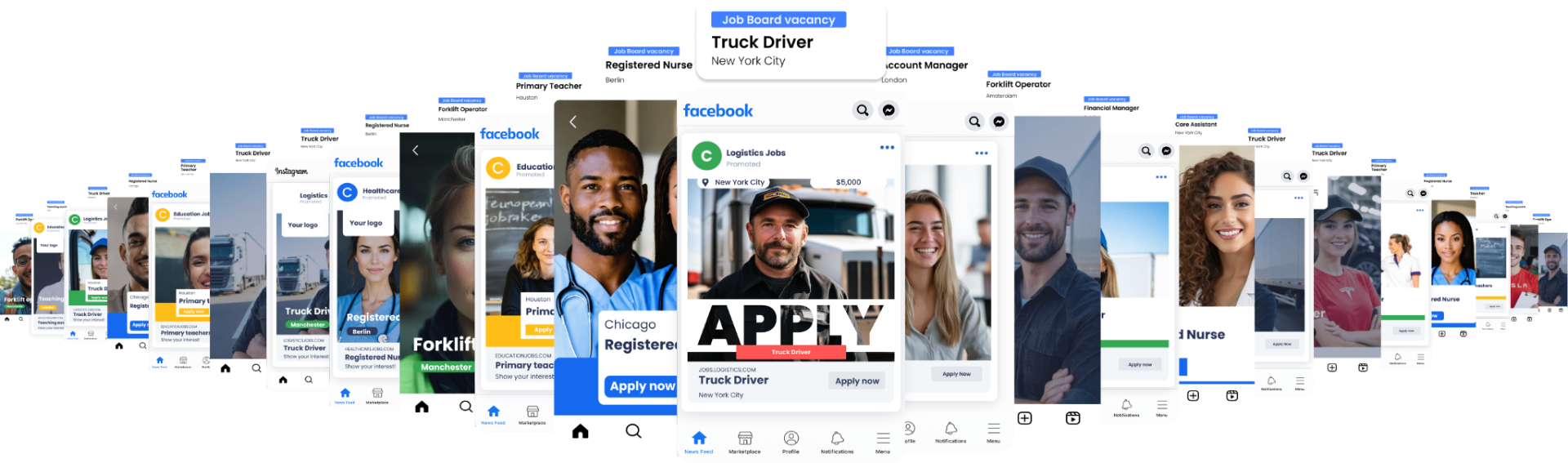 Beispiele KI-generierter Facebook- und Instagram-Direct-Apply-Anzeigen für Rollen wie LKW-Fahrer, Krankenschwester, Grundschullehrer, Staplerfahrer und Account Manager
